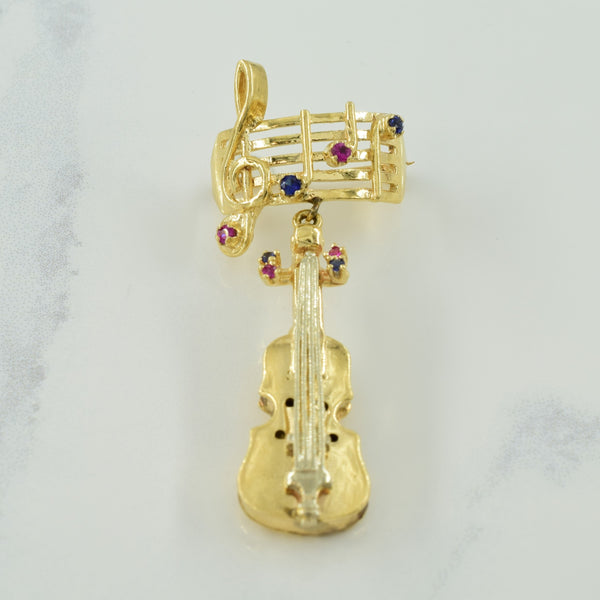 Synthetic Ruby & Sapphire Musical Staff & Violin Brooch | 0.30ctw |