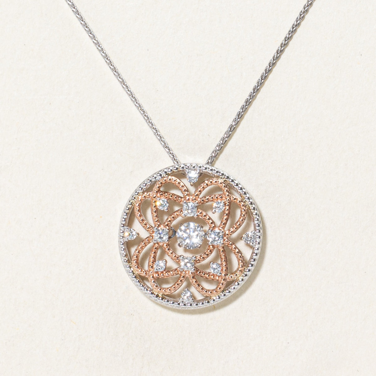 10k Two Tone Diamond Spiral Circle Pendant Necklace | 18"
