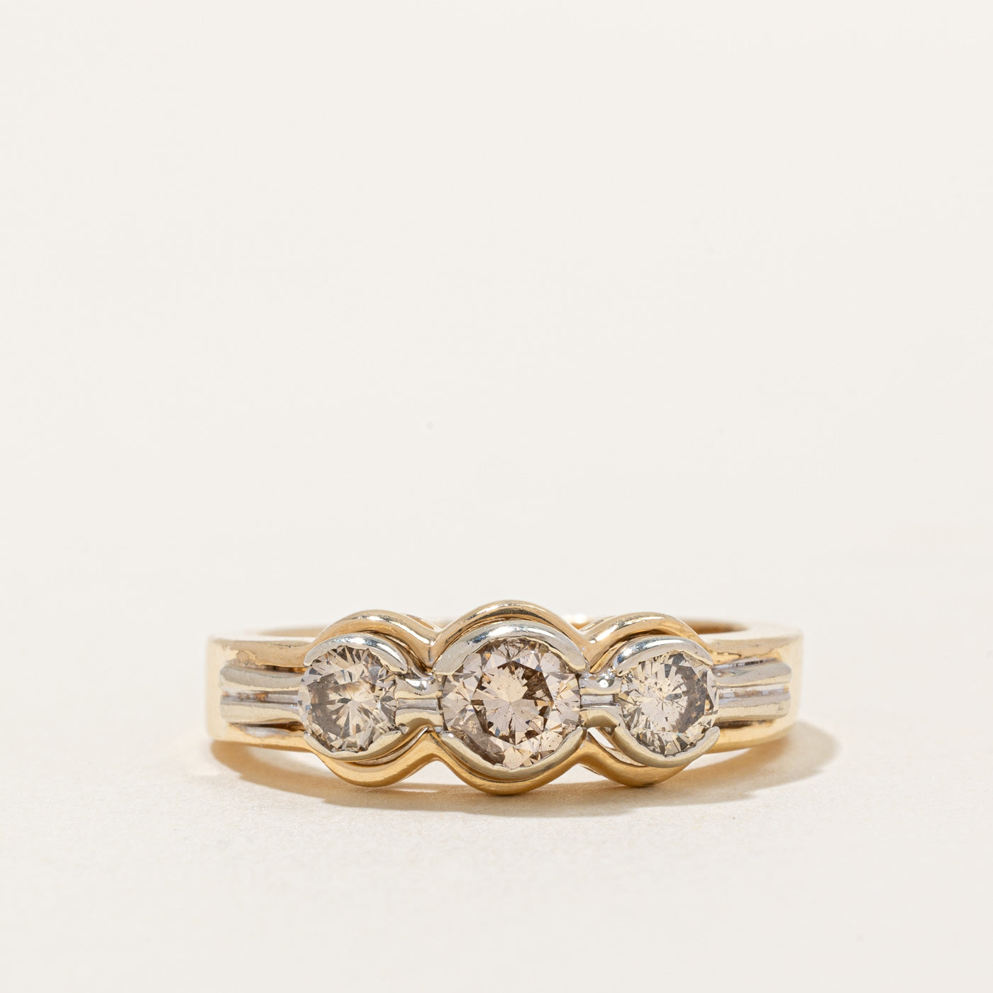 Two Tone Gold Three Stone Diamond Ring | 0.85ctw | SZ 8.5 |