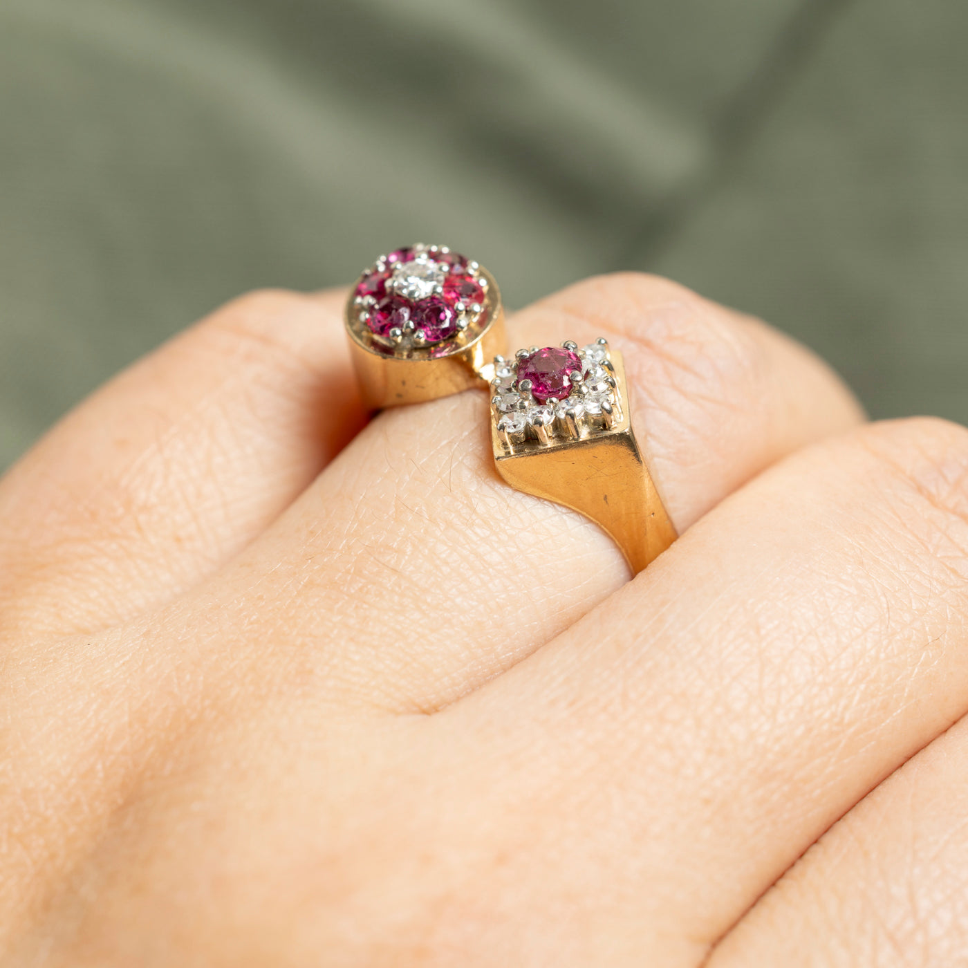 14k Toi et Moi Ruby & Diamond Cluster Cocktail Ring | 0.78ctw, 0.28ctw | SZ 7.75