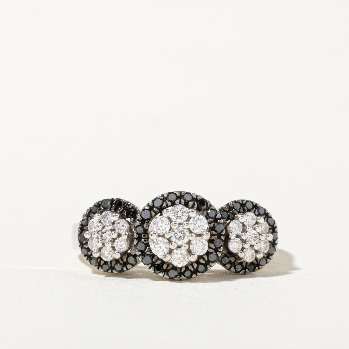 10k Black & White Diamond Three Cluster Ring | 0.65ctw | SZ 7