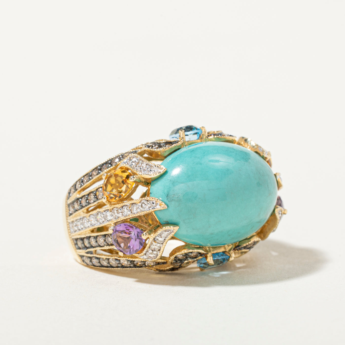 14k Multi-Gemstone & Diamond Scrollwork Cocktail Ring | 1.27ctw | SZ 7