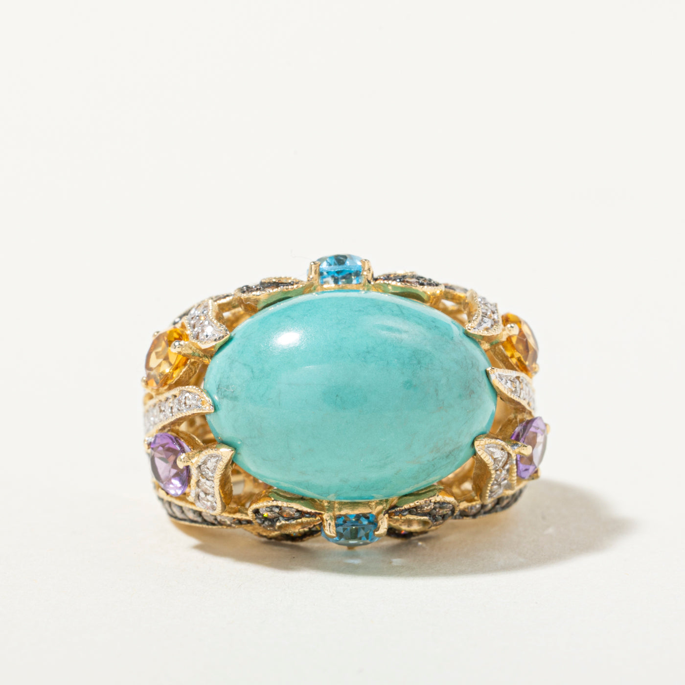 14k Multi-Gemstone & Diamond Scrollwork Cocktail Ring | 1.27ctw | SZ 7