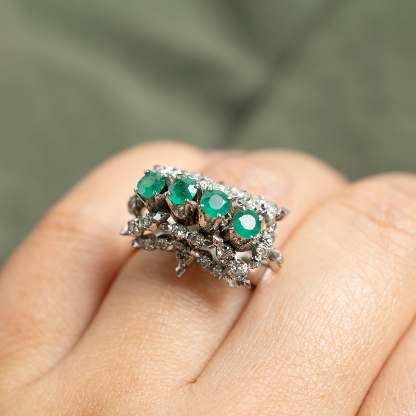 18k Four Stone Emerald & Diamond Cocktail Ring | 0.69ctw, 0.35ctw | SZ 6.25