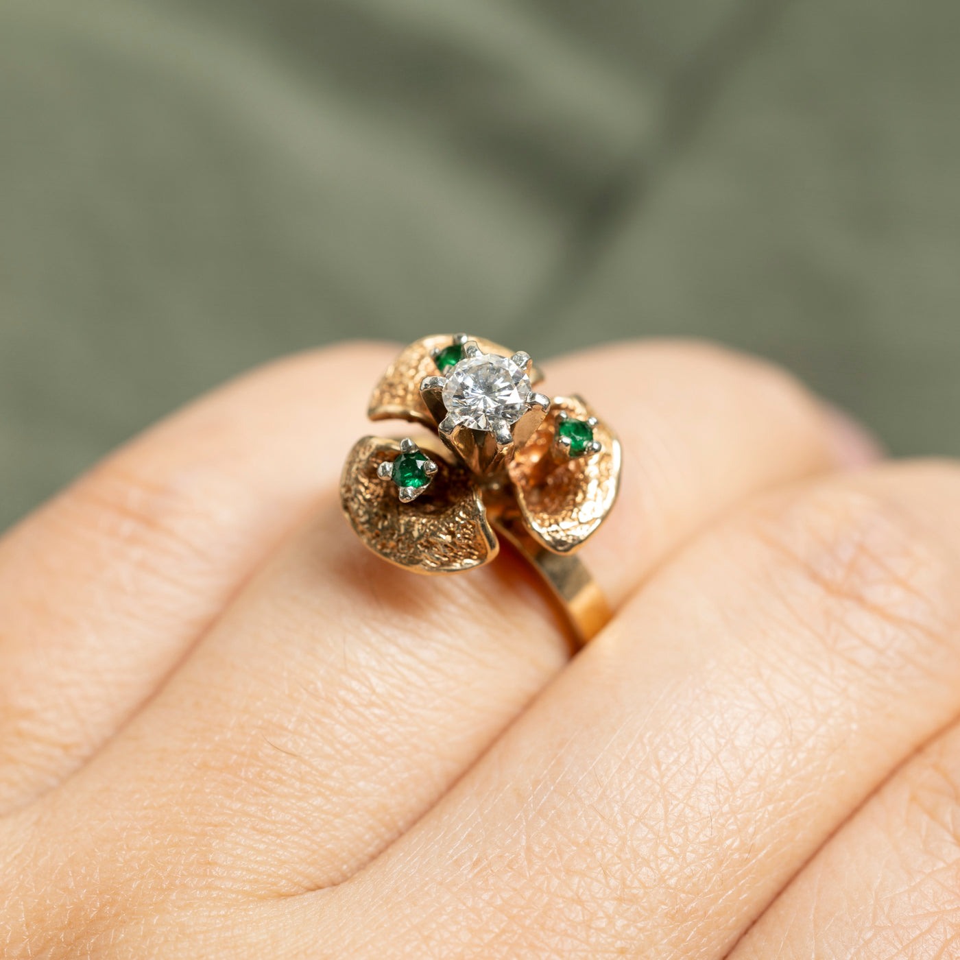 14k-18k Emerald & Diamond Ginko Leaf Ring | 0.11ctw, 0.38ct | SZ 5