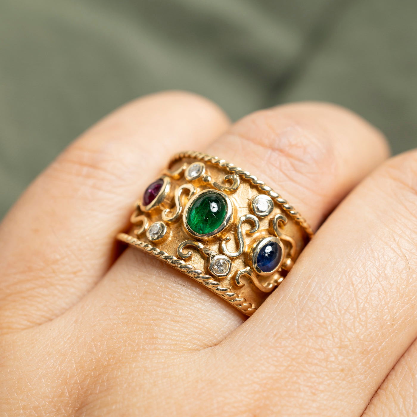 14k Ruby, Emerald, Sapphire & Diamond Ornate Rope Ring | 1.15ctw, 0.16ctw | SZ 8