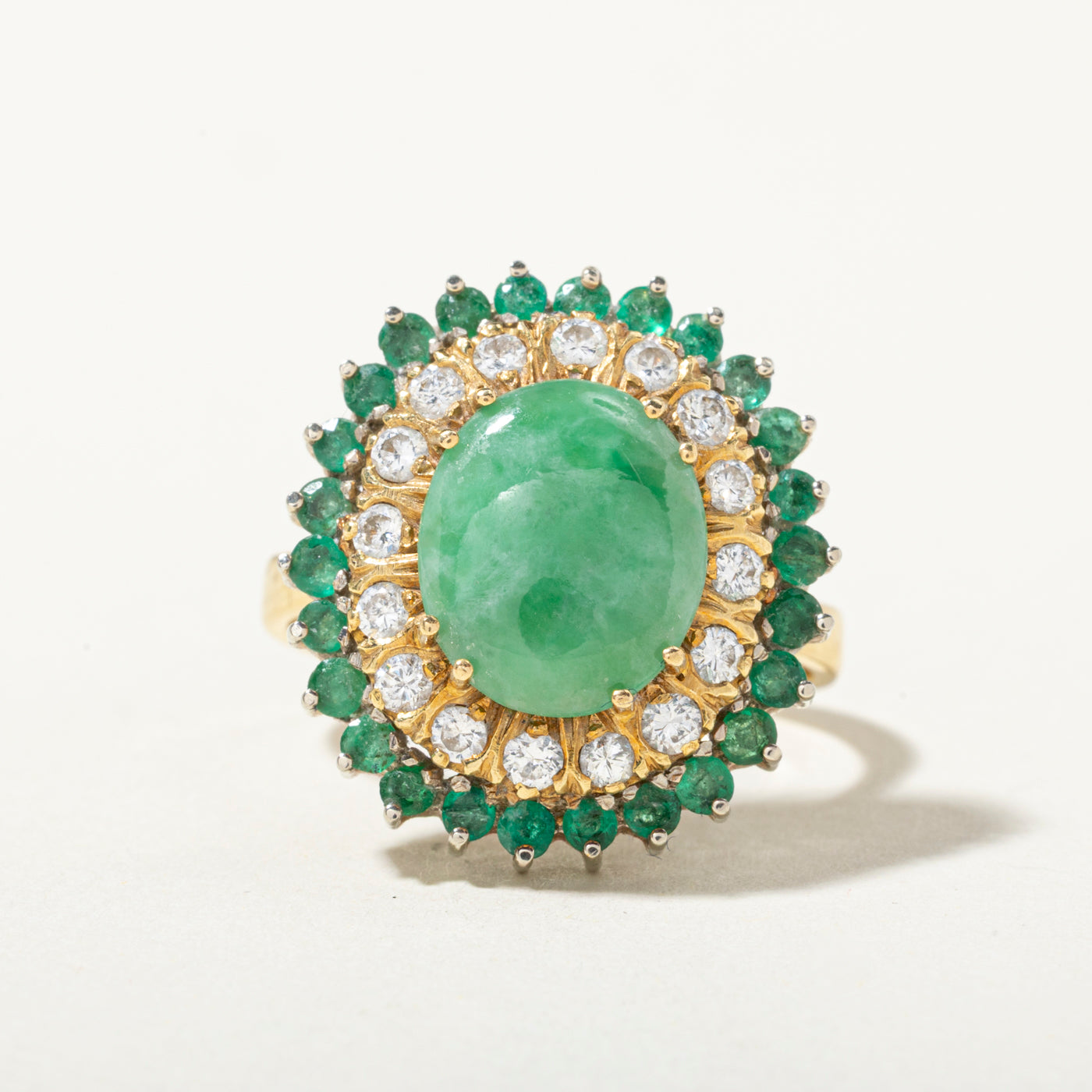 18k Jadeite, Emerald & Diamond Halo Ring | 0.70ctw, 0.46ctw | SZ 8.75