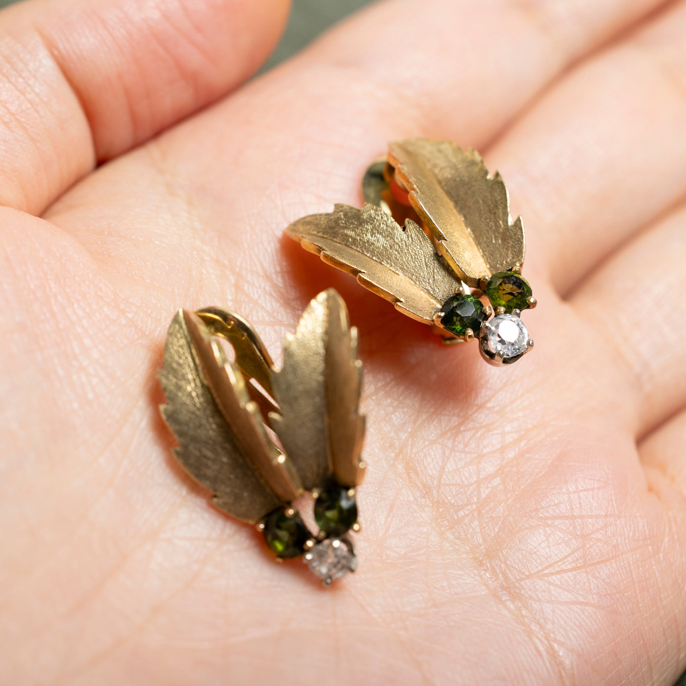 14k Tourmaline & Diamond Feather Clip-On Earrings | 1.13ctw, 0.51ctw