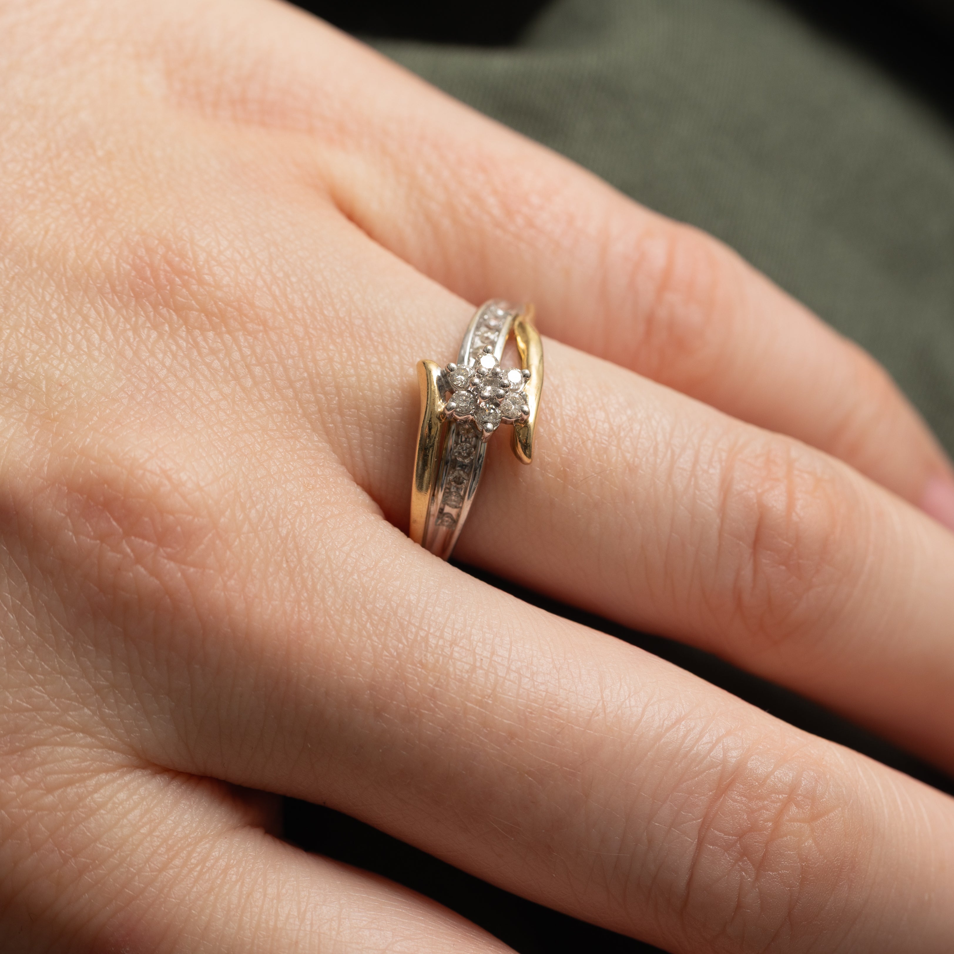 Two Tone Gold Diamond Petal Cluster Bypass Ring | 0.21ctw | SZ 7.0 |