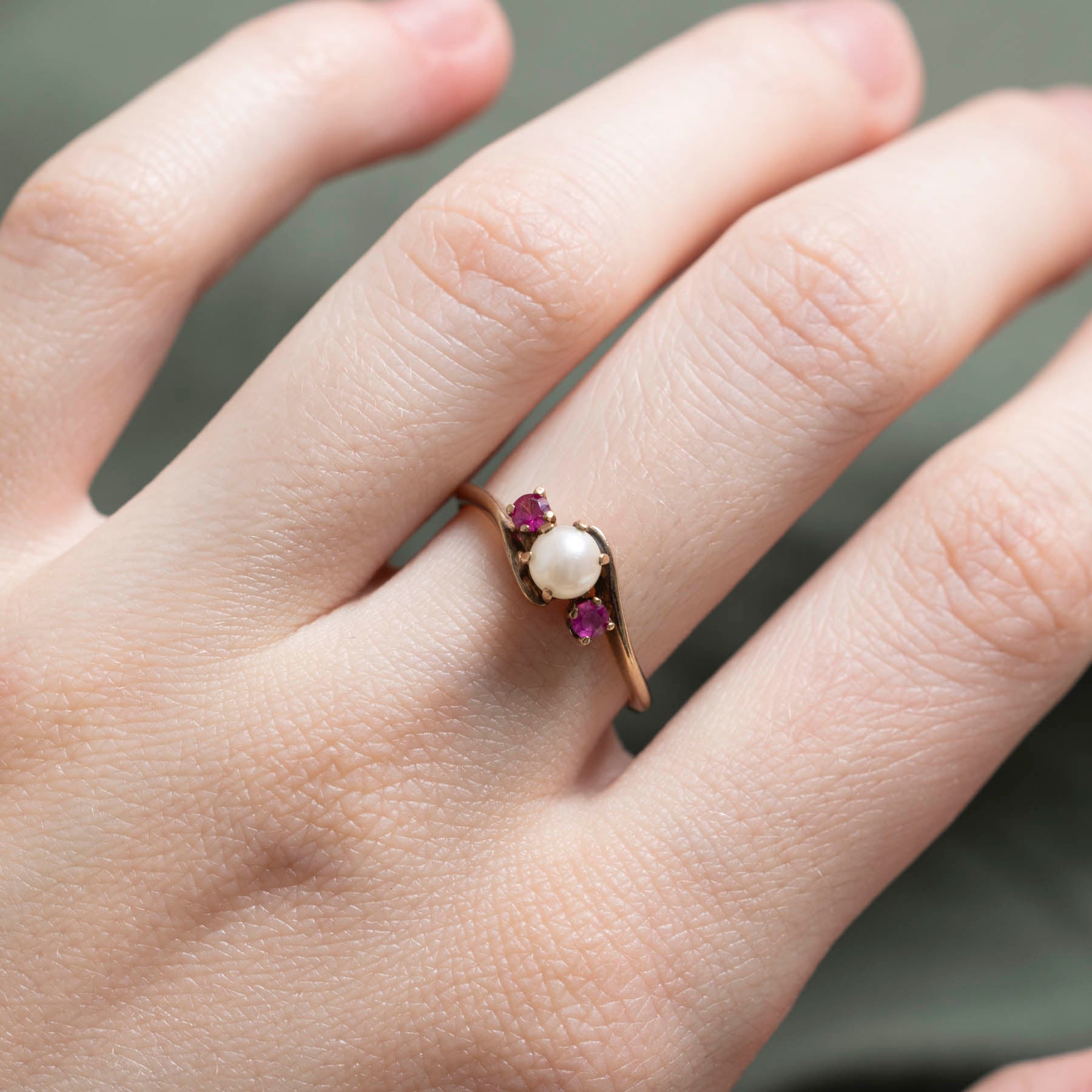Pearl & Synthetic Ruby Bypass Ring | 0.10ctw | SZ 7