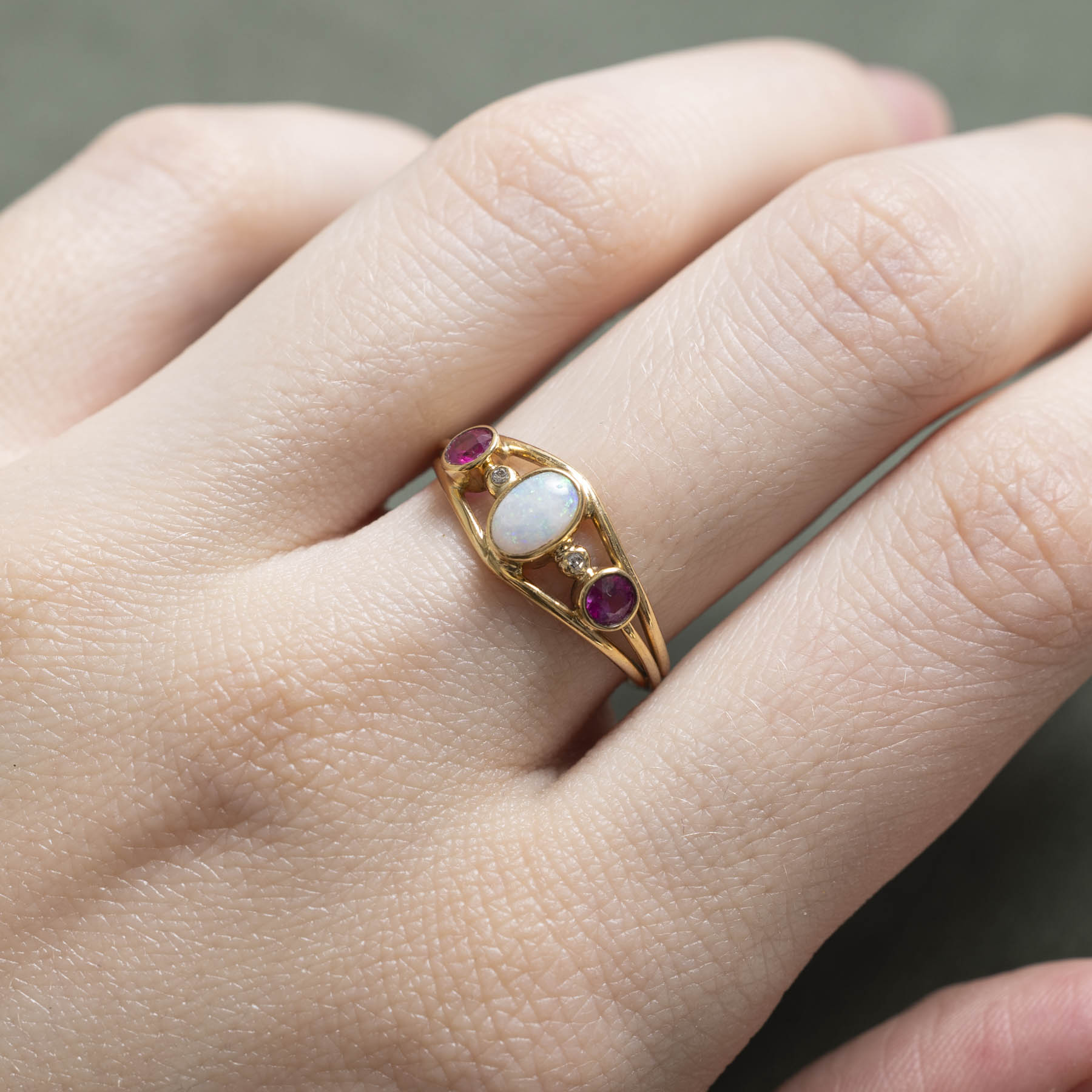 Bezel Set Opal & Synthetic Ruby Open Ring | 0.75ctw | 0.008ctw | SZ 6.75