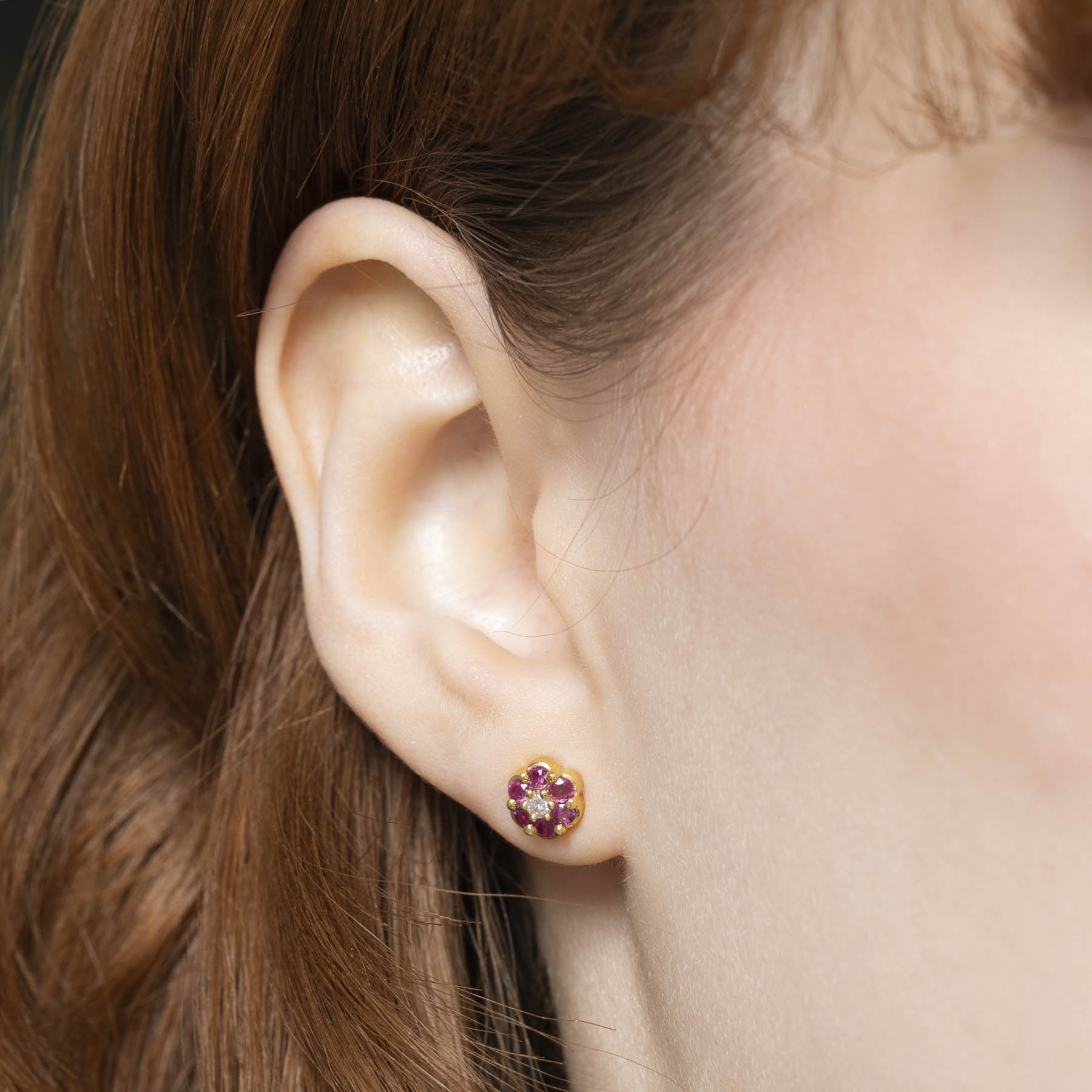Ruby & Diamond Flower Stud Earrings | 0.30ctw | 0.06ctw |