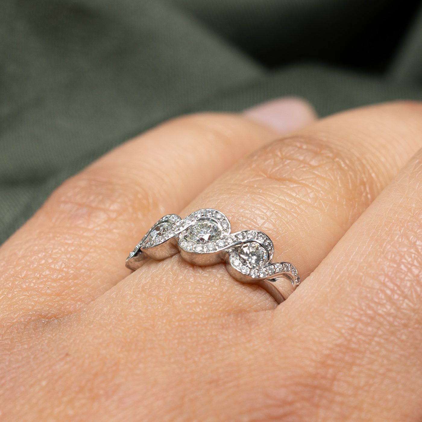Three Stone Diamond Halo Cross Over Ring | 0.61ctw | SZ 6.5