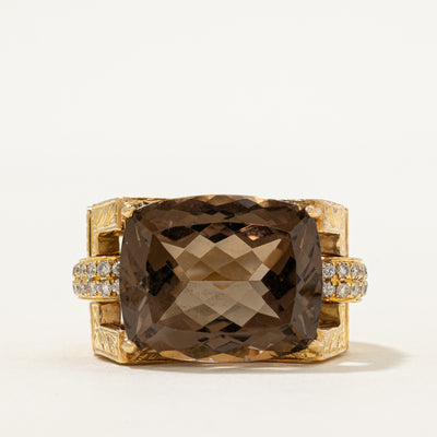 Smoky Quartz & Diamonds Cocktail Ring | 15.00ct, 0.28ctw | SZ 6