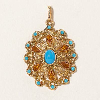 Vintage Portuguese Blue & Orange Paste Glass Ornate Pendant | 6.00ctw