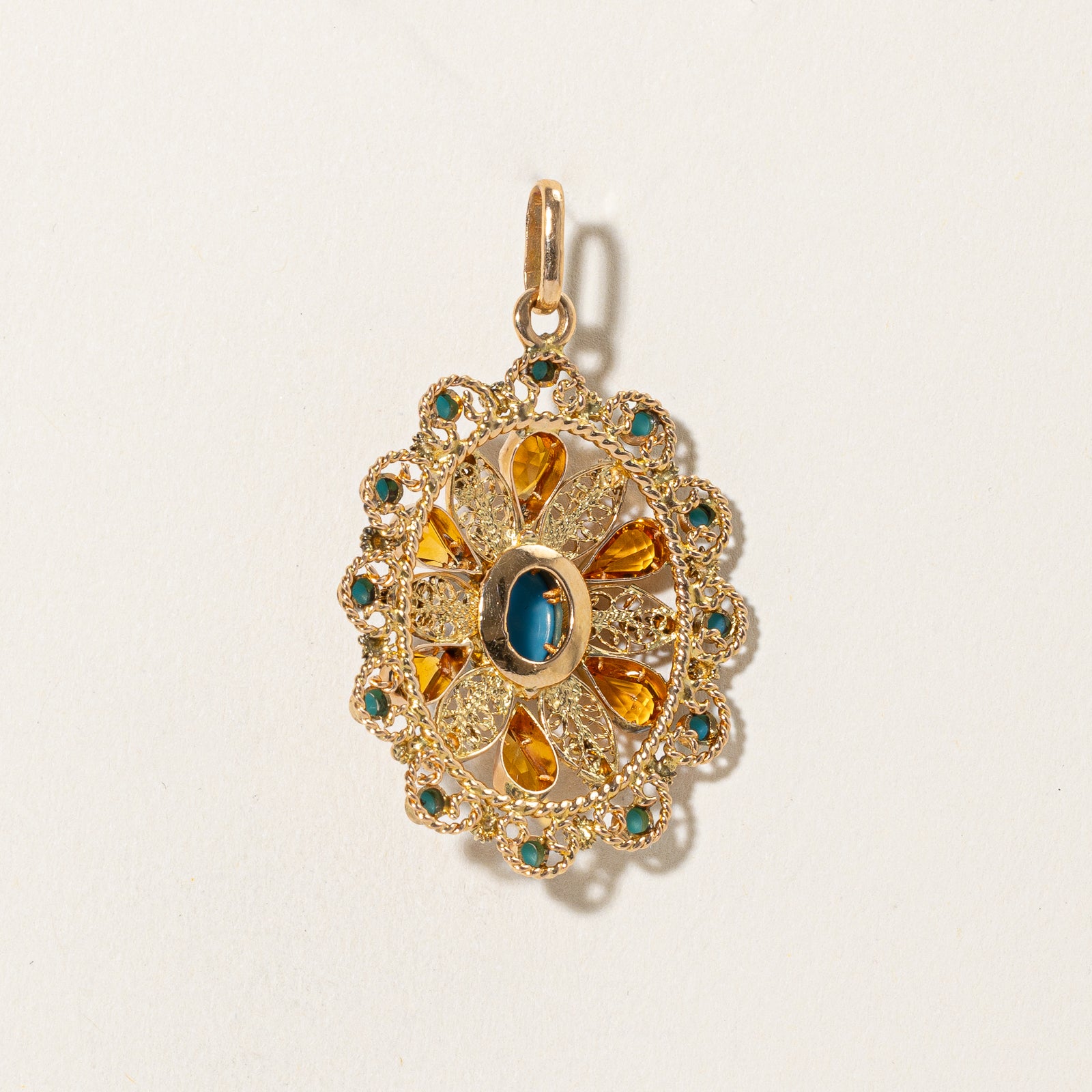 Vintage Portuguese Blue & Orange Paste Glass Ornate Pendant | 6.00ctw