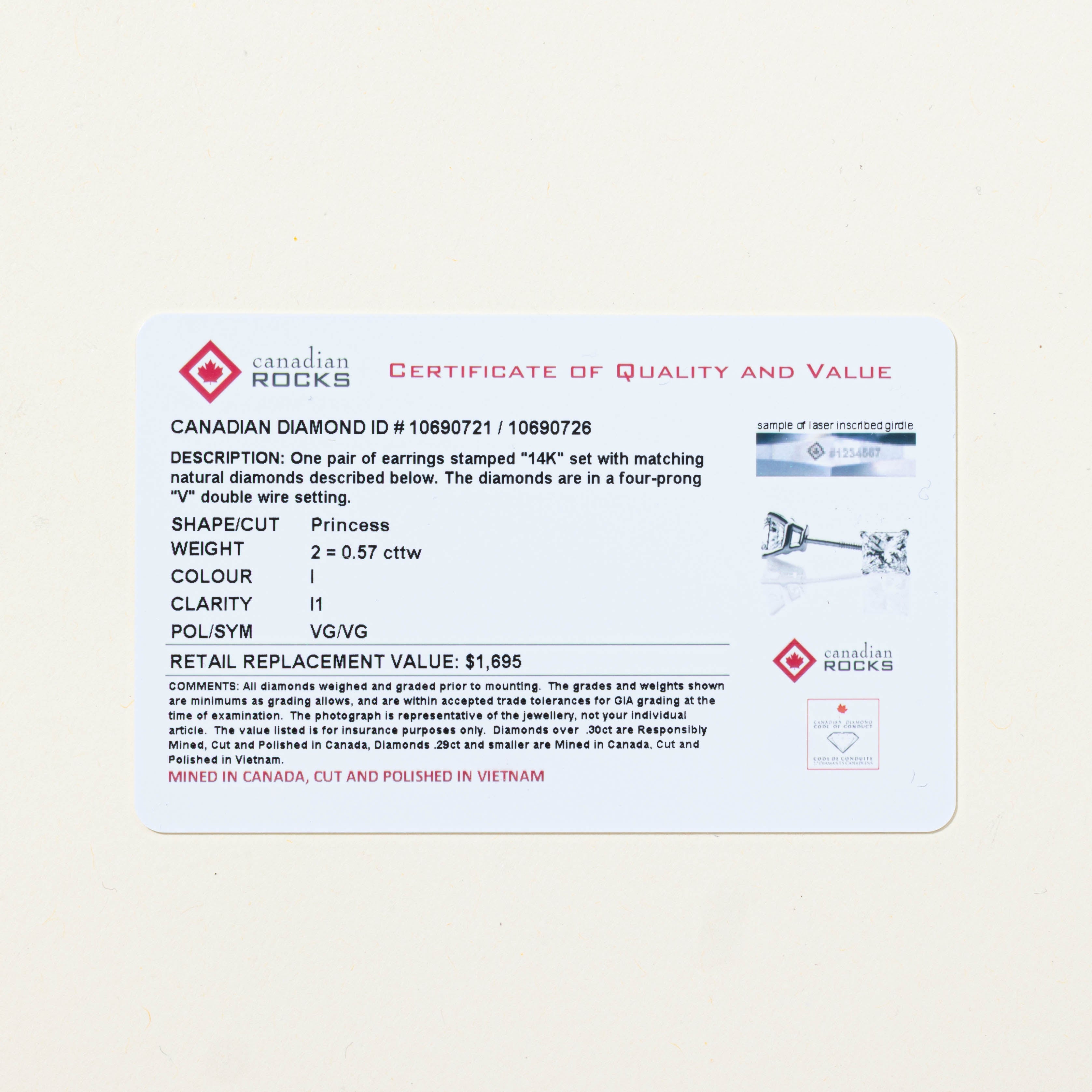 Princess Cut Canadian Diamond Studs | 0.56ctw