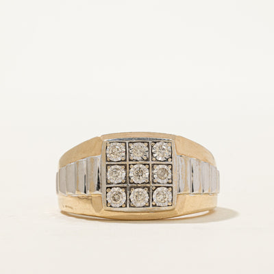 10K Two Tone Gold Diamond Grid Fluted Signet Ring | 0.21ctw | SZ 12
