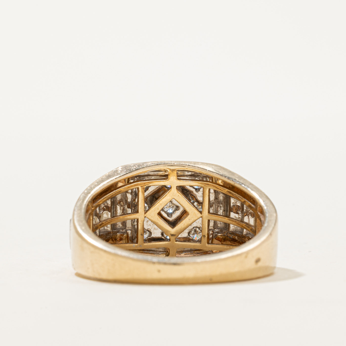 10K Two Tone Gold Diamond Grid Fluted Signet Ring | 0.21ctw | SZ 12