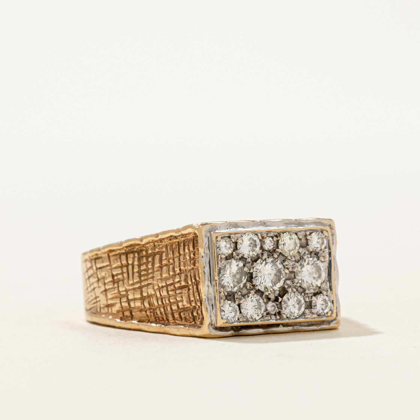 10K Multi Row Diamond Textured Signet Ring | 0.88ctw | SZ 11