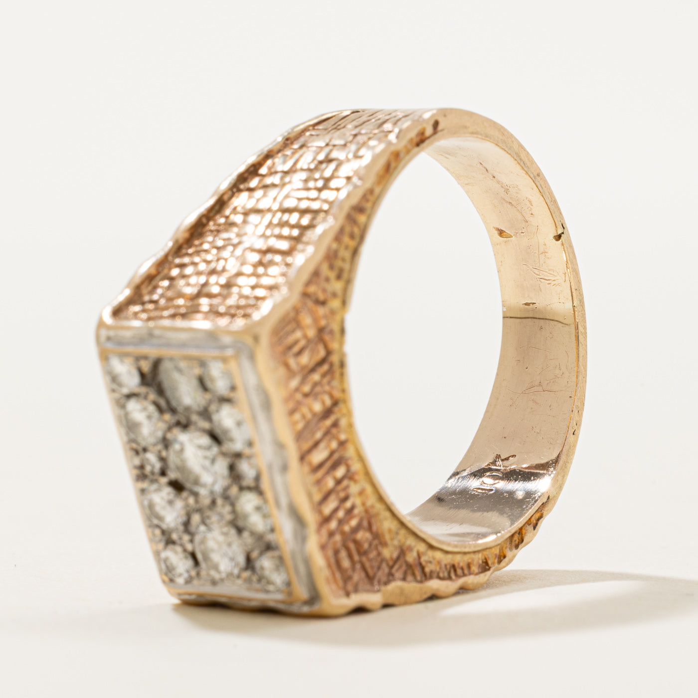 10K Multi Row Diamond Textured Signet Ring | 0.88ctw | SZ 11
