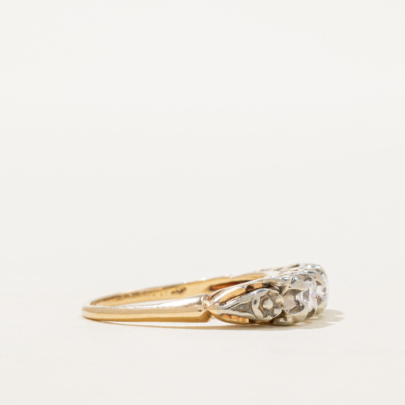 14K Two Tone Gold Three Stone Diamond Engraved Ring | 0.23ctw | SZ 5.5