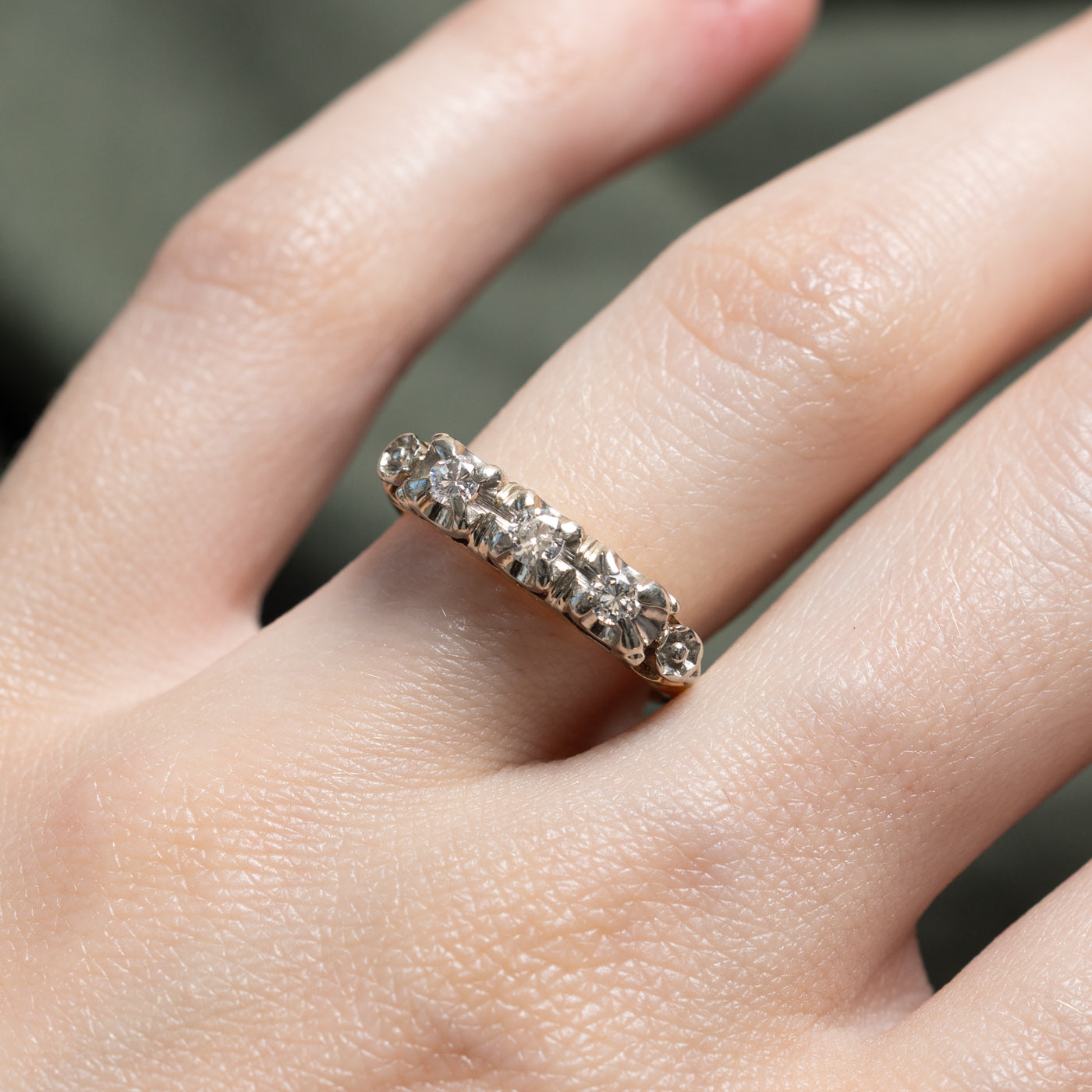 14K Two Tone Gold Three Stone Diamond Engraved Ring | 0.23ctw | SZ 5.5