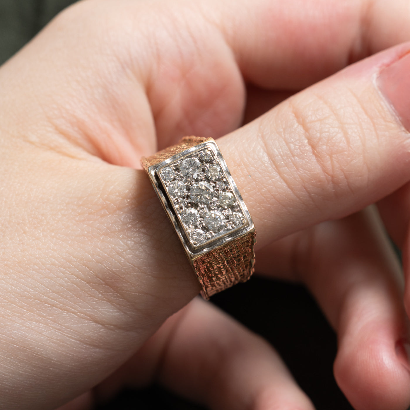 10K Multi Row Diamond Textured Signet Ring | 0.88ctw | SZ 11