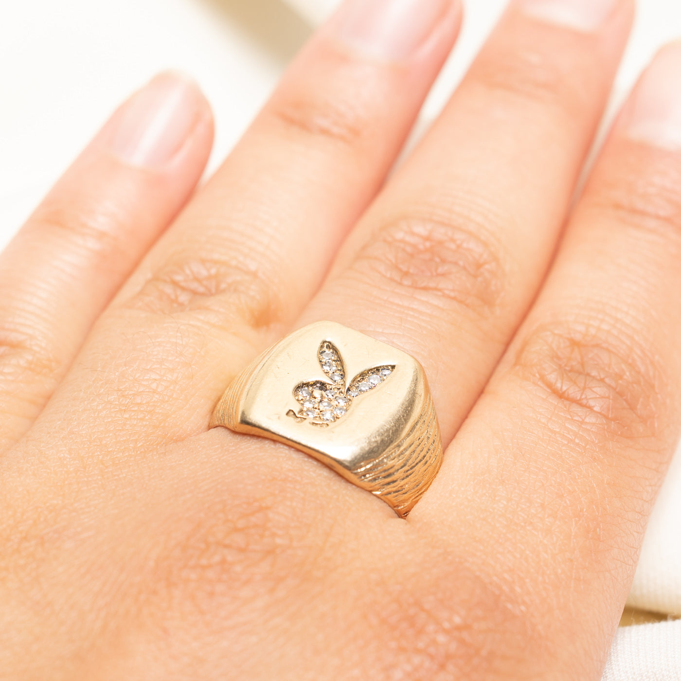 Diamond Cluster Playboy Bunny Signet Ring | 0.15ctw | SZ 12.25