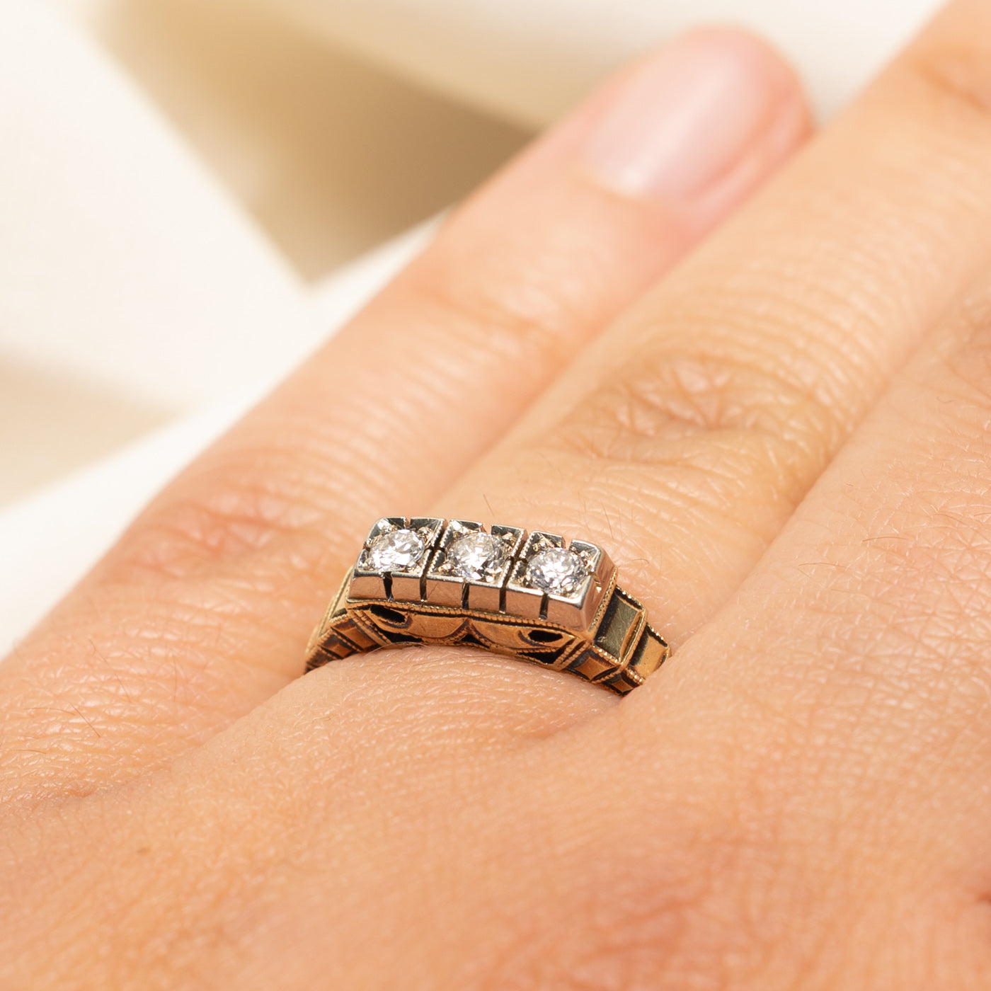 Three Stone Diamond Textured Ring | 0.18ctw | SZ 6.5