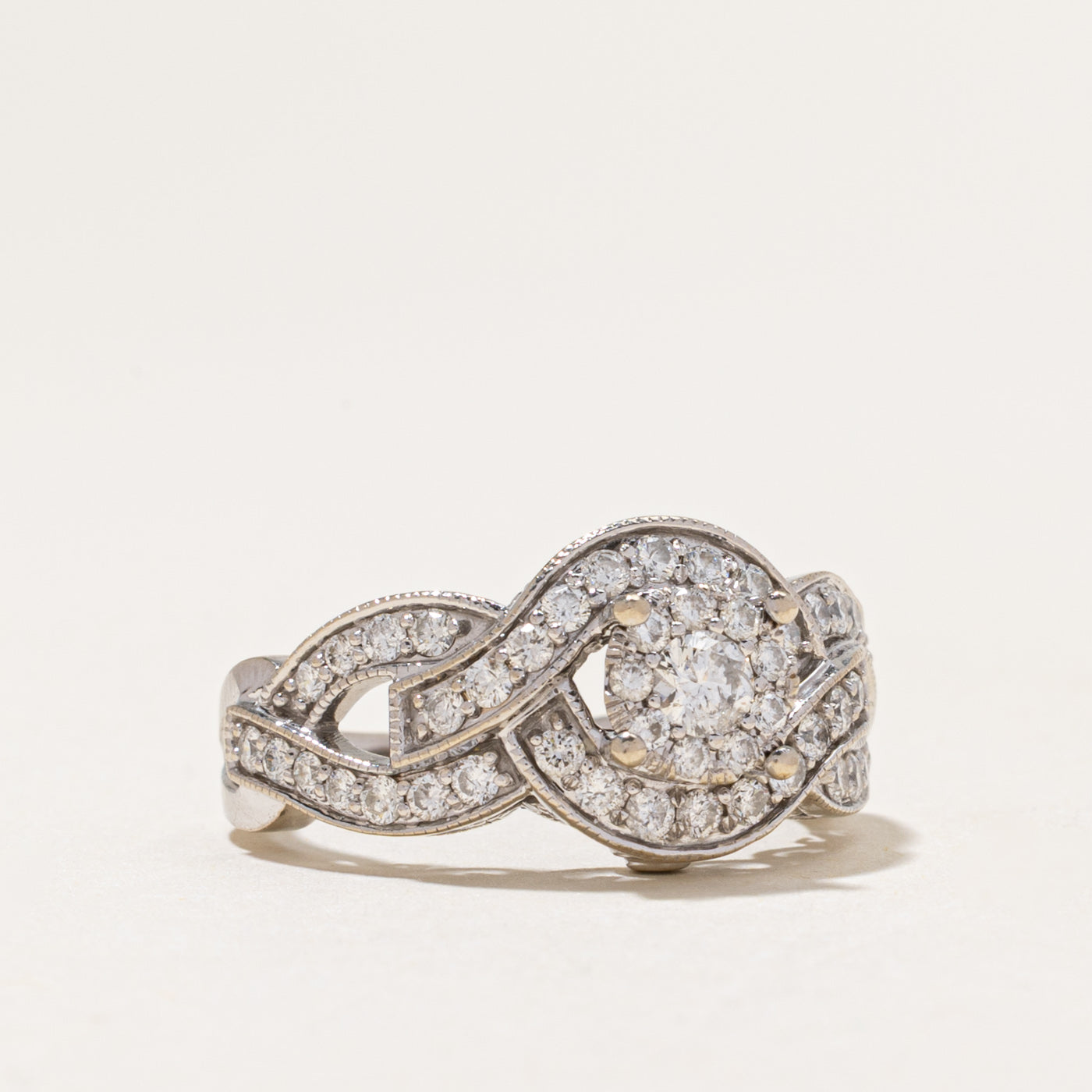 White Gold Diamond Halo Cross Over Ring | 0.78ctw | SZ 6.25