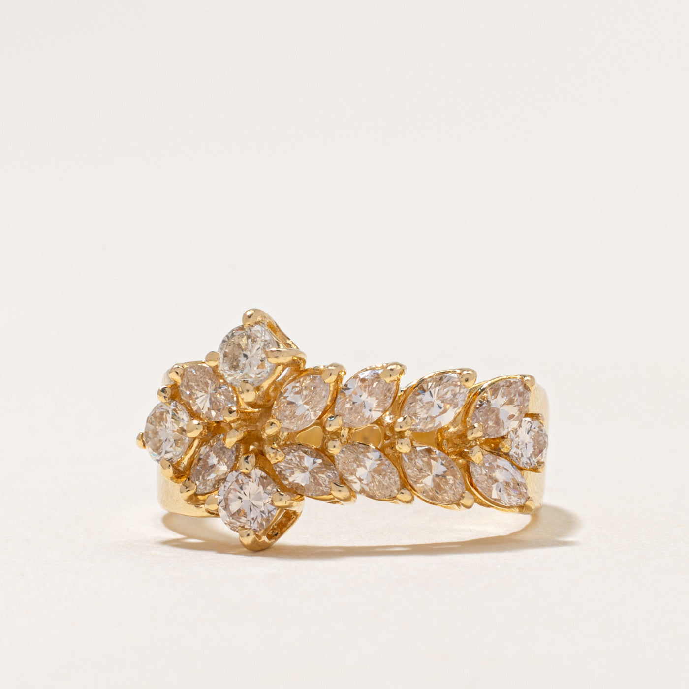18k Marquise Cut Yellow & White Diamond Leaf DesignRing | 1.03ctw | SZ 6.5