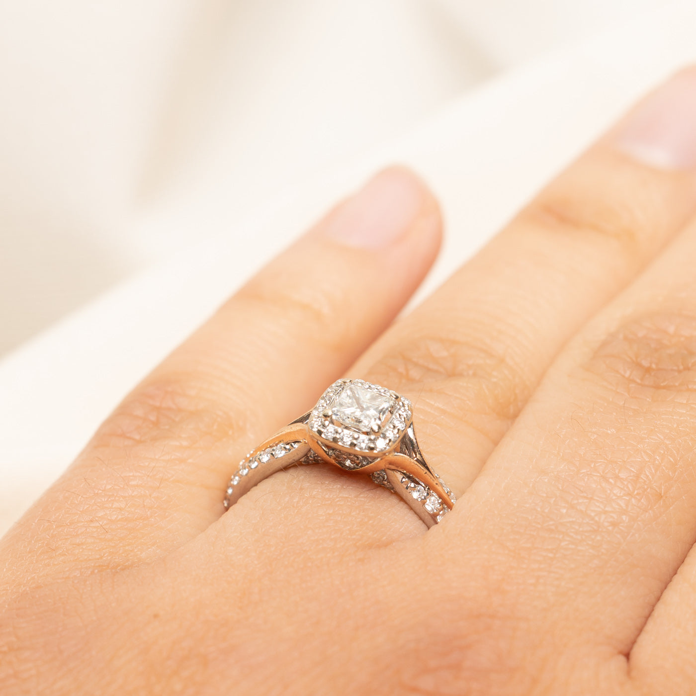 Two Tone Princess Cut Diamond Halo Ring | 0.78ctw | SZ 7