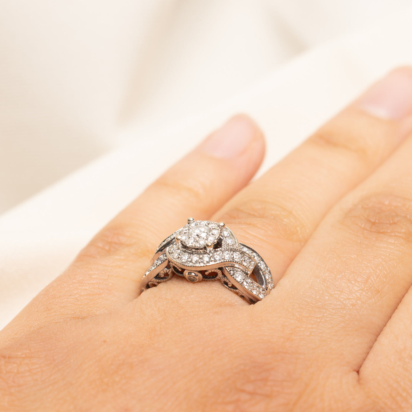 White Gold Diamond Halo Cross Over Ring | 0.78ctw | SZ 6.25