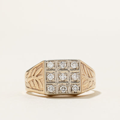 10k Diamond Grid Engraved Leaf Signet Ring | 0.30ctw | SZ 10