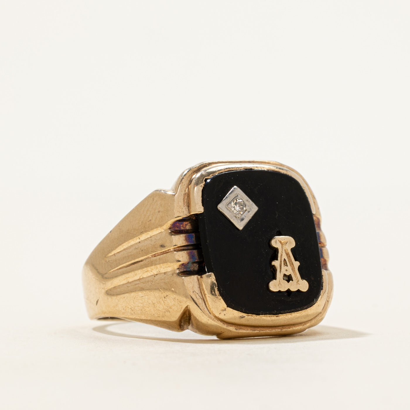 Onyx & Diamond "A" Initial Grooved Signet Ring | 3.25ct, 0.01ct | SZ 12