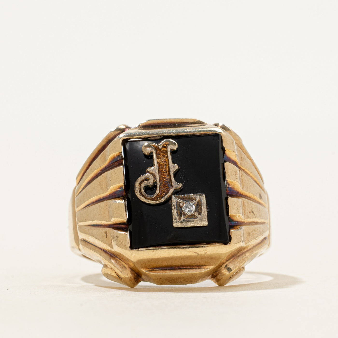 Onyx & Diamond "J" Initial Grooved Signet Ring | 2.27ct, 0.005ct | SZ 8.5