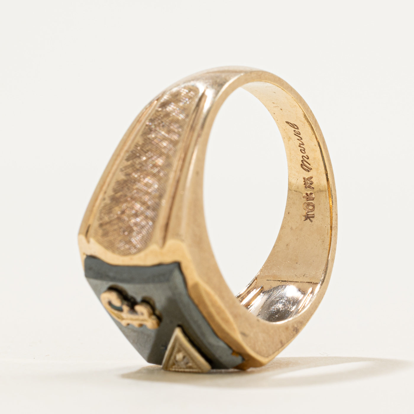 Hematite & Diamond "J" Initial Textured Signet Ring | 4.34ct, 0.005ct | SZ 9.5