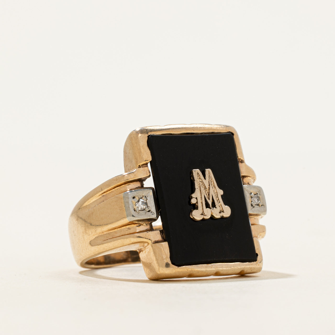 Onyx & Diamond "M" Initial Ring | 3.80ct, 0.01ctw | SZ 7.25