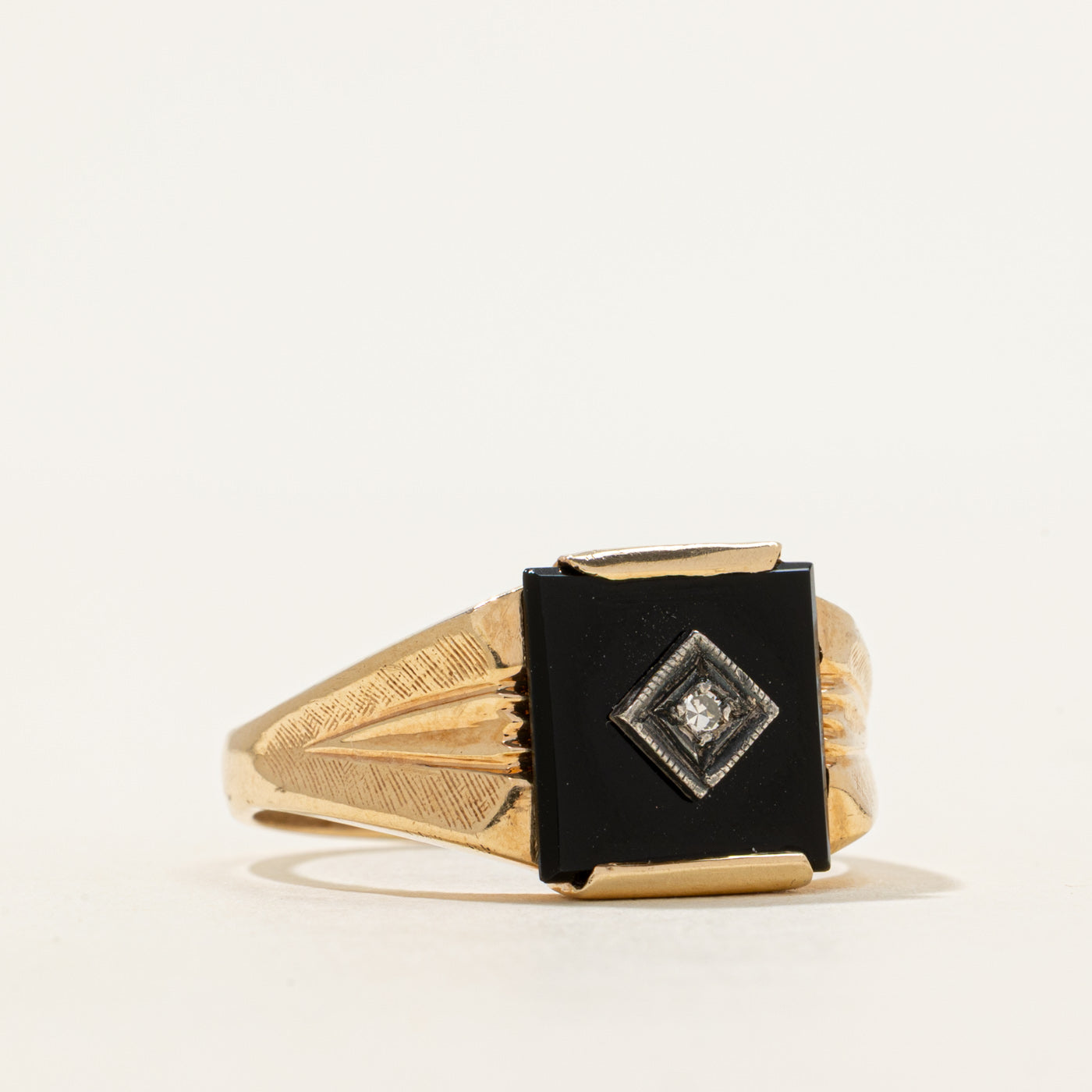 Onyx & Diamond Grooved Signet Ring | 2.15ct, 0.01ct | SZ 11