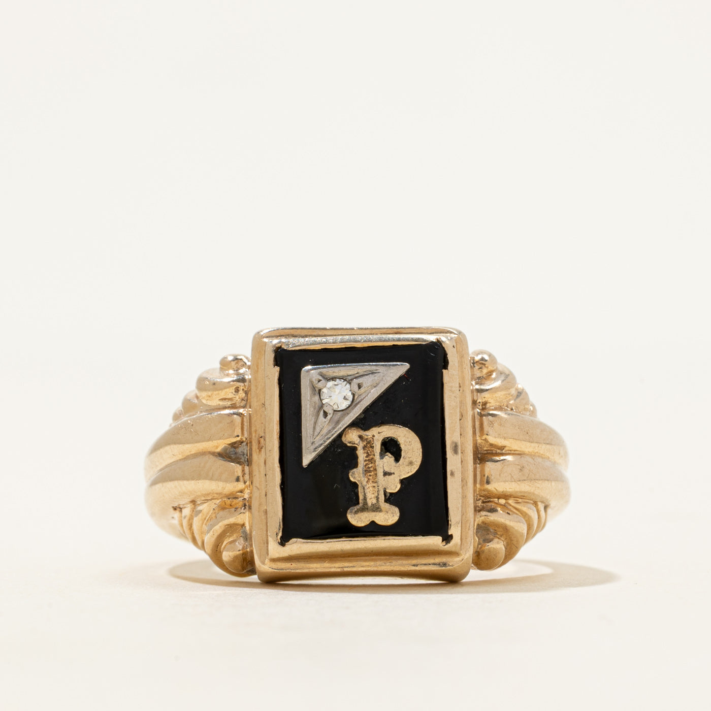 Onyx & Diamond "P" Initial Grooved Signet Ring | 2.40ct, 0.02ct | SZ 12
