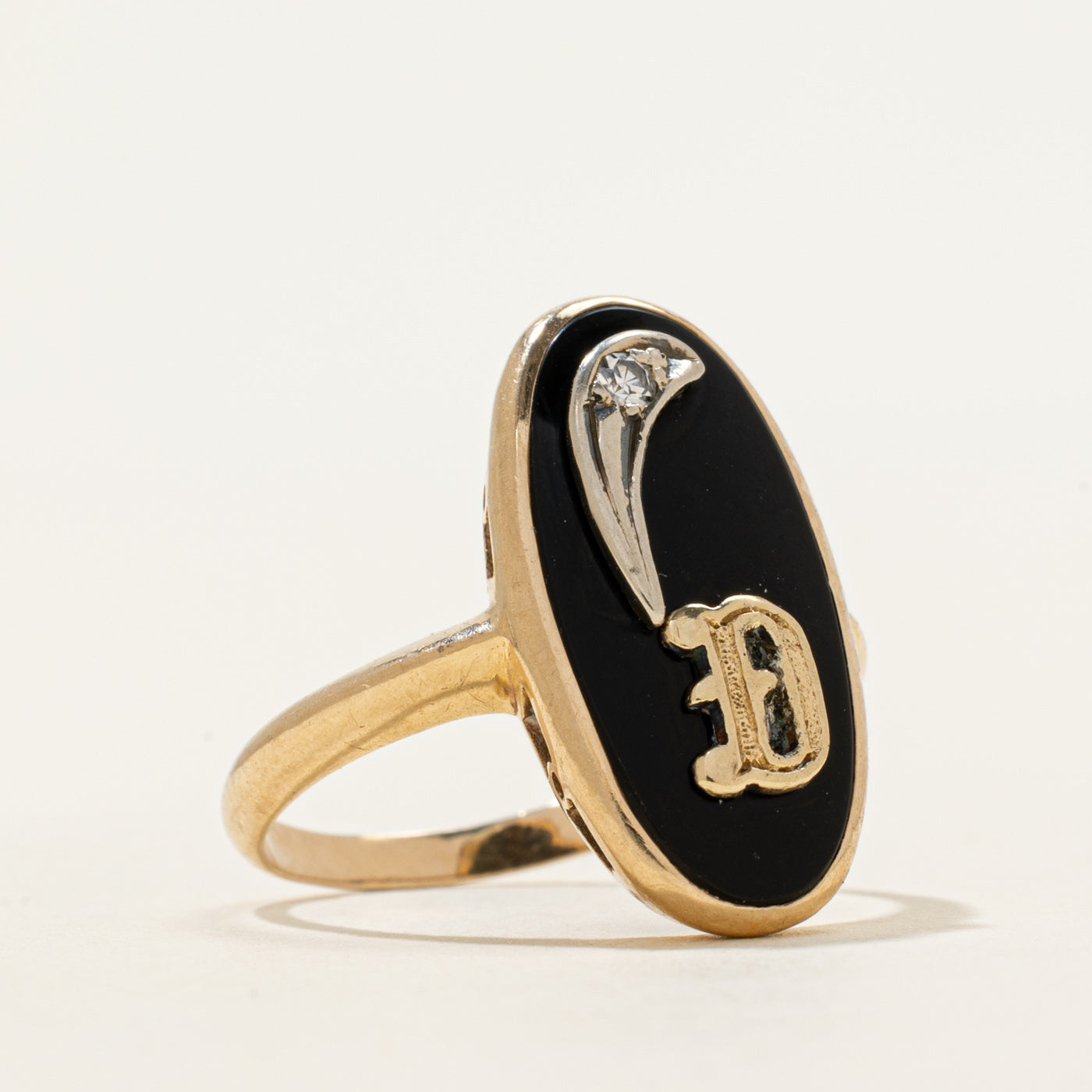 Bezel Set Onyx & Diamond "D" Initial Ring | 4.29ct, 0.02ct | SZ 7