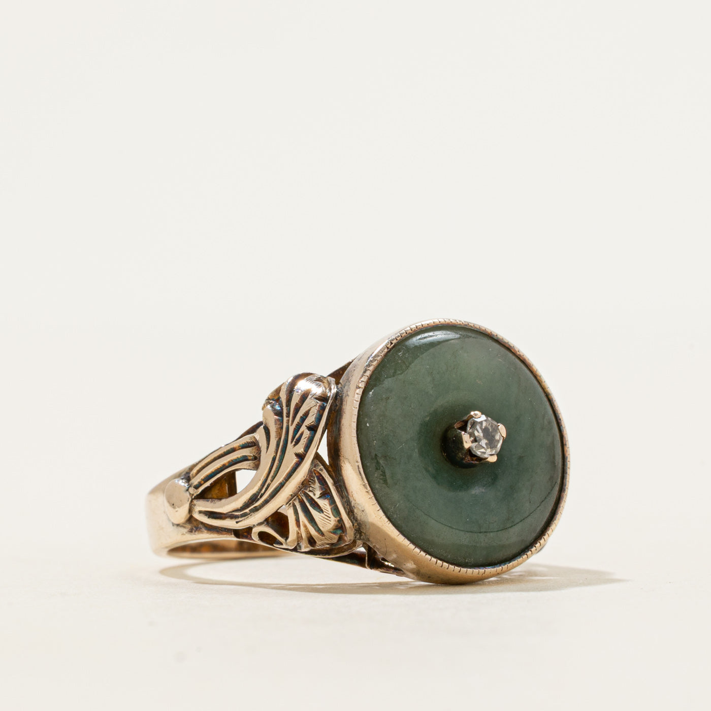 Donut Jadeite & Diamond Engraved Ring | 4.00ct, 0.04ct | SZ 7