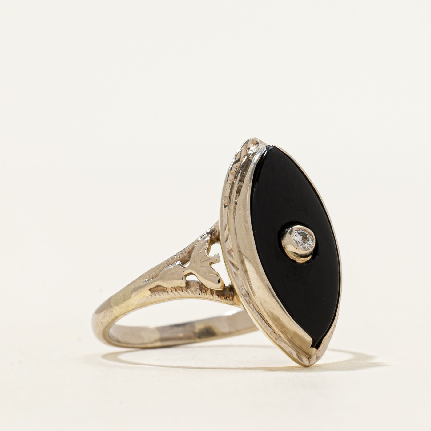 Vintage Onyx & Diamond Navette Ring | 2.05ct, 0.02ct | SZ 5.25
