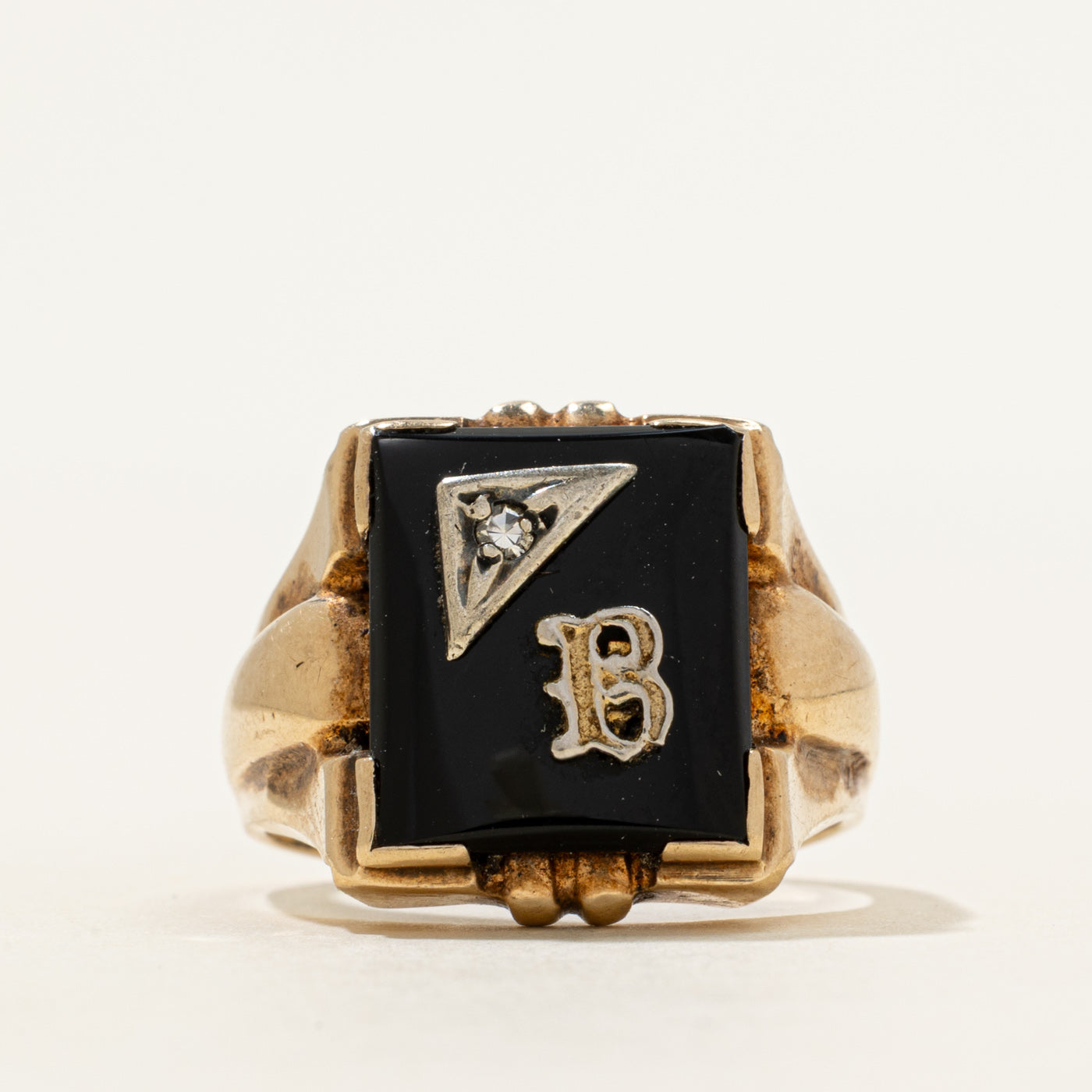Cabochon Onyx & Diamond "B" Initial Signet Ring | 3.06ct, 0.03ct | SZ 8.5