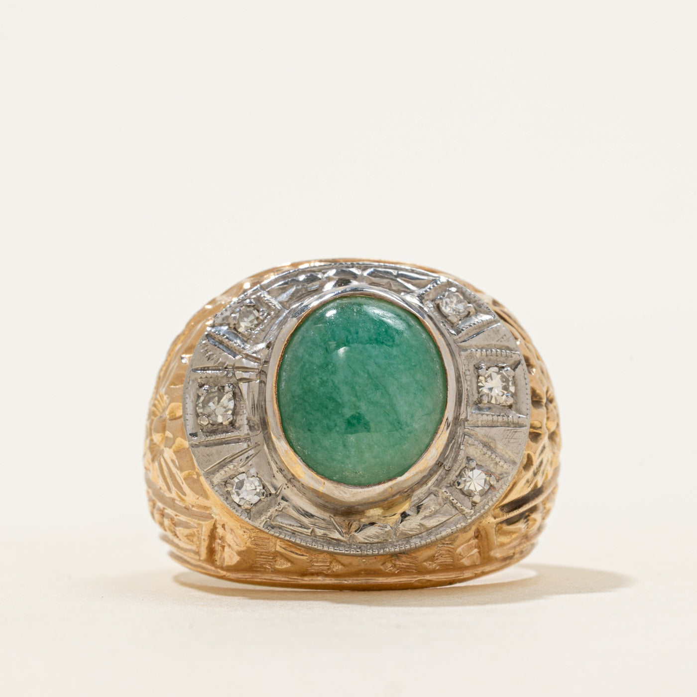 18k Two-Tone Jadeite & Diamond Engraved Dome Ring | 4.48ct, 0.18ctw | SZ 9