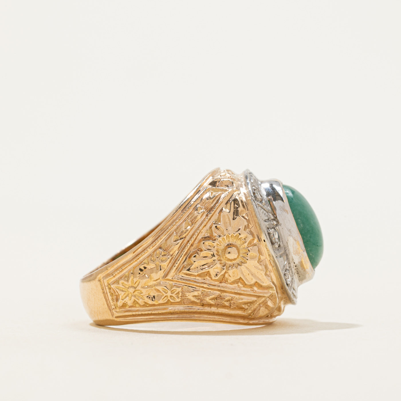 18k Two-Tone Jadeite & Diamond Engraved Dome Ring | 4.48ct, 0.18ctw | SZ 9