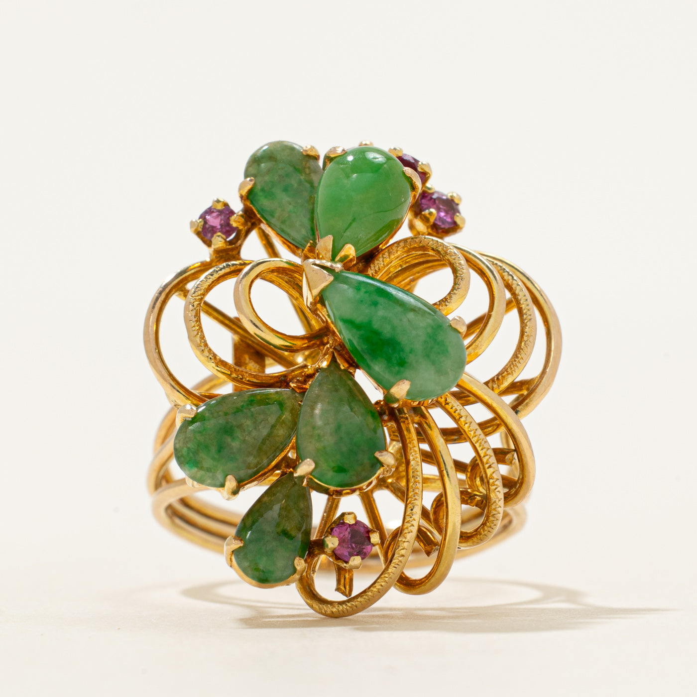 Cabochon Jadeite & Ruby Openwork Cocktail Ring | 2.36ctw, 0.21ctw | SZ 7.5