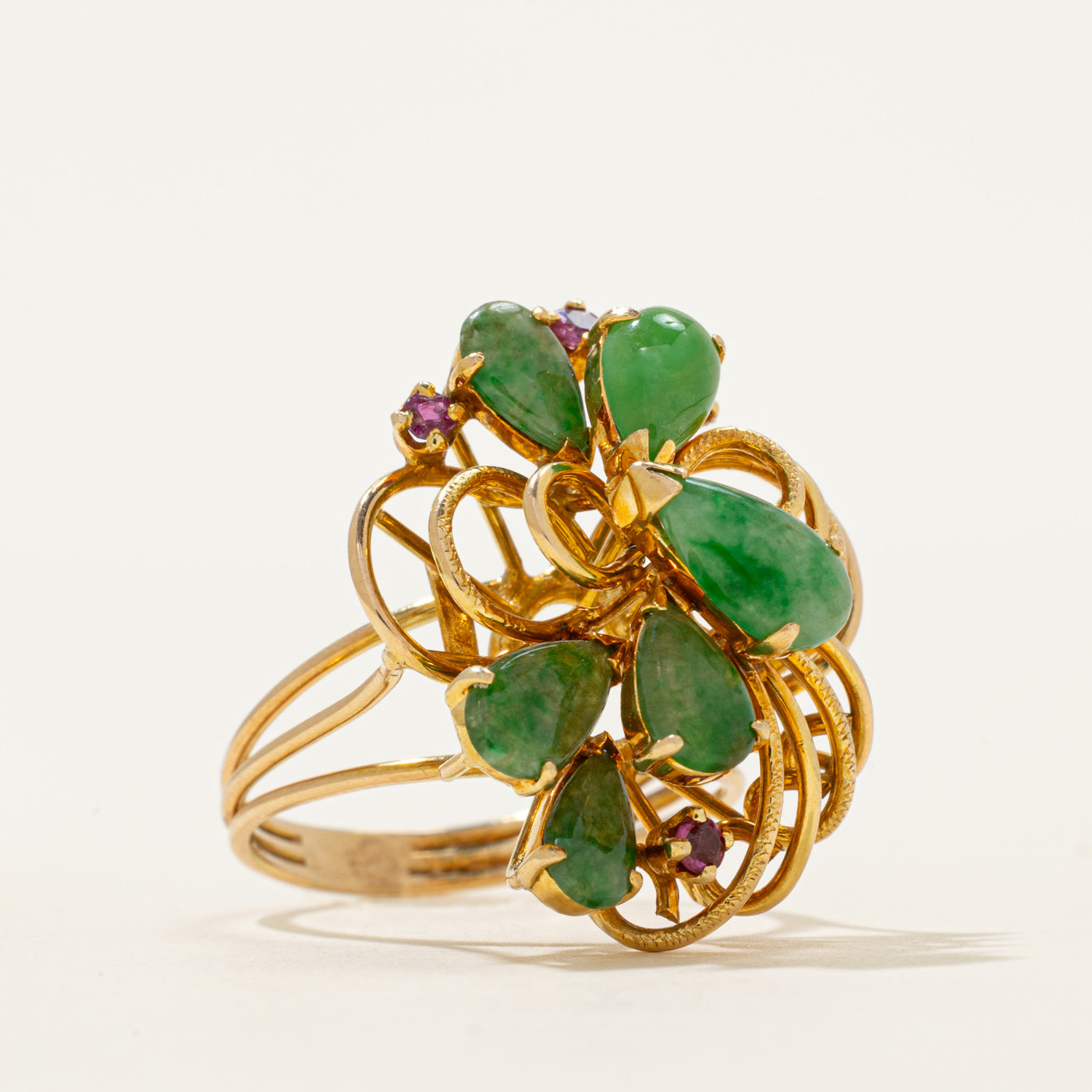 Cabochon Jadeite & Ruby Openwork Cocktail Ring | 2.36ctw, 0.21ctw | SZ 7.5