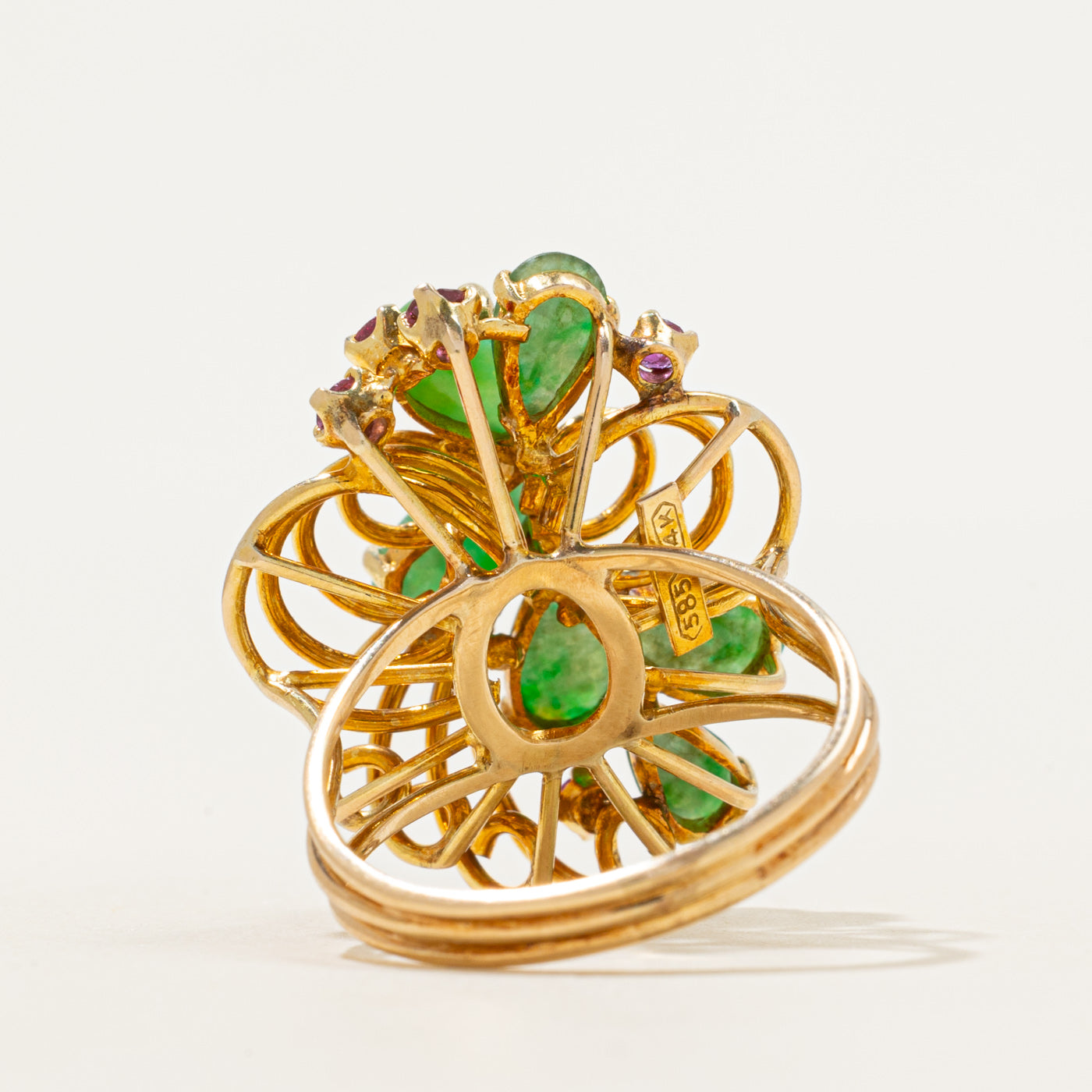 Cabochon Jadeite & Ruby Openwork Cocktail Ring | 2.36ctw, 0.21ctw | SZ 7.5